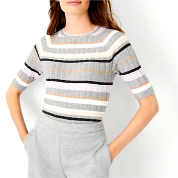 Ann Taylor Size XL Rib Knit Stripe Raglan Sweater Lilac Purple Gray - Picture 2 of 9